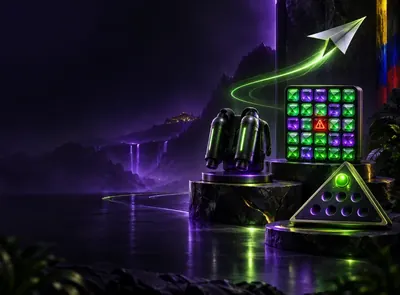 Objetos abstractos de juegos instantáneos iluminados en verde sobre un paisaje violeta